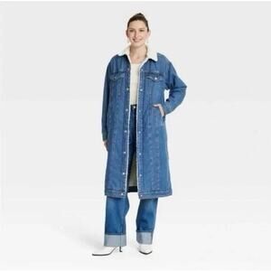 Women’s Large Faux Shearling Long Denim Trucker Jacket Sherpa Relaxed Fit Target